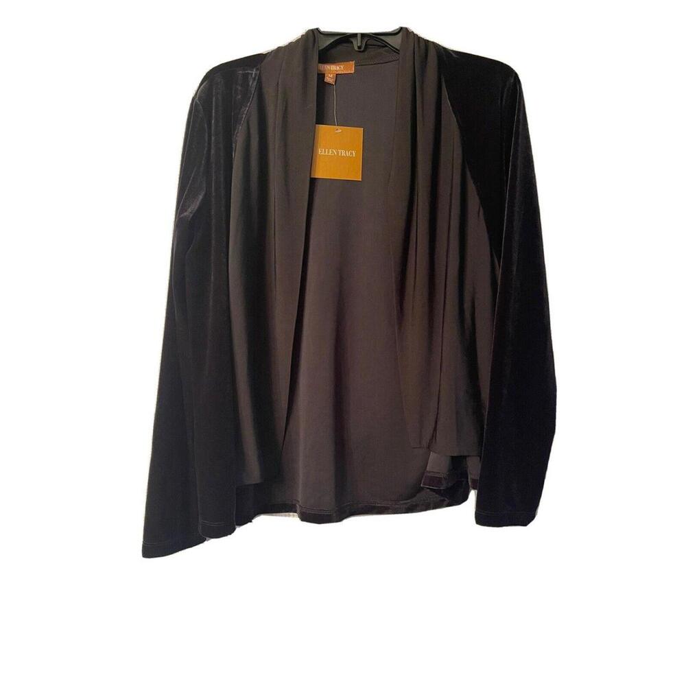 NWT Ellen Tracy Womens Black Open Front Long Sleeve Top Blouse Shirt Size Medium